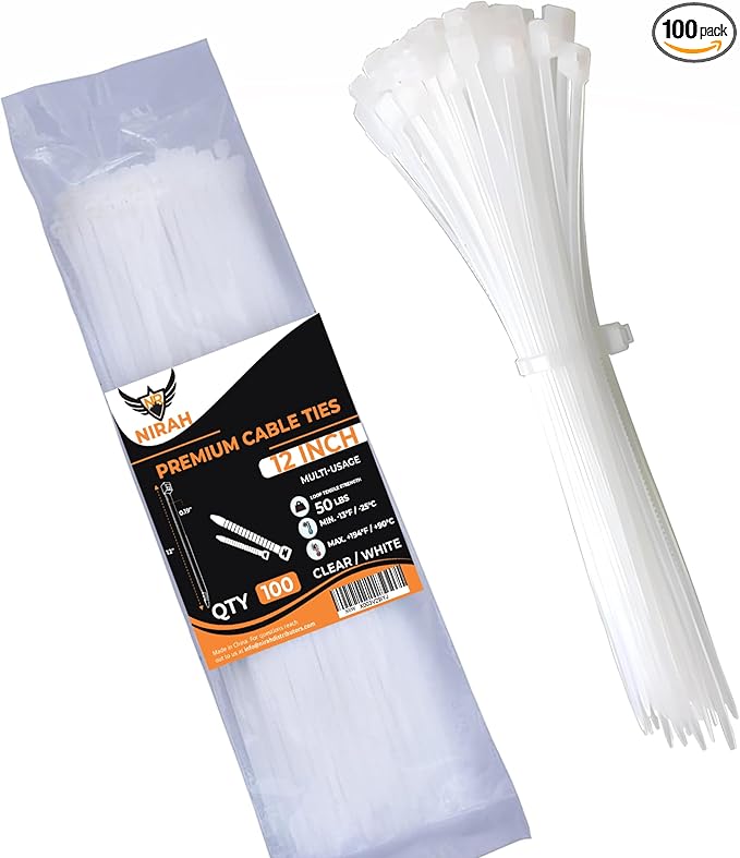 Nirah 12 inch Industrial Grade UV Resistant Zip Ties, Clear White (100 Pack)